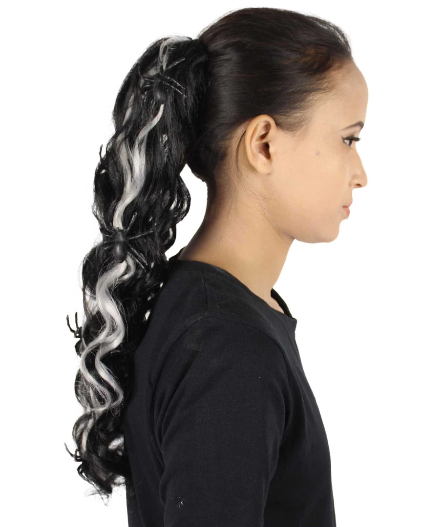 HPO Black Spider Hair Clips | Women's Long Length Queen Of Spiders Hair Clips - Long Wavy Silver And Black Hair - With Scary Black Spiders