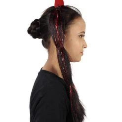 HPO Devil Horn Hair Clips | Women's Long Length Festive Devil Horn Hair Clips - Long Straight Black Hair - With Red Tinsel Strands