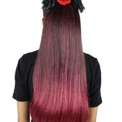 HPO Dotd Hair Clips | Women's Long Length Day Of The Dead Hair Clips - Long Straight Black Hair - With Red Tinsel Strands And Colorful Flowers