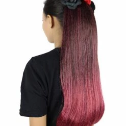 HPO Dotd Hair Clips | Women's Long Length Day Of The Dead Hair Clips - Long Straight Black Hair - With Red Tinsel Strands And Colorful Flowers