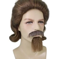 HPO 18th Century Officer Wig With Moustaches And Goatee Set | Brown Historical Wigs | Premium Breathable Capless Cap Men's Wigs