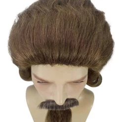 HPO 18th Century Officer Wig With Moustaches And Goatee Set | Brown Historical Wigs | Premium Breathable Capless Cap Men's Wigs