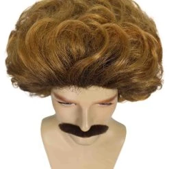 HPO Comedy TV | Mens Pro Wrestler Short Brown Curly Afro Wig And Mustache Men's