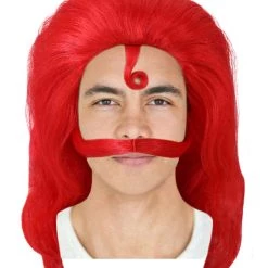 HPO Multicolor | Men's Long Red Straight Handle Bar Mustache Smooth Wig | Premium Breathable Capless Cap