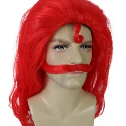 HPO Multicolor | Men's Long Red Straight Handle Bar Mustache Smooth Wig | Premium Breathable Capless Cap