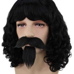 BC Muskateer | Men's Black Color Wavy Shoulder Length Muskateer Wig With Mustache And Goatee