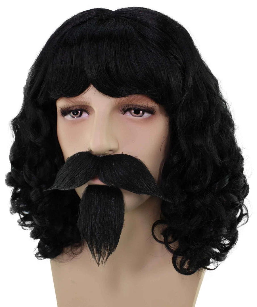 BC Muskateer | Men's Black Color Wavy Shoulder Length Muskateer Wig With Mustache And Goatee