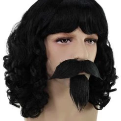 BC Muskateer | Men's Black Color Wavy Shoulder Length Muskateer Wig With Mustache And Goatee