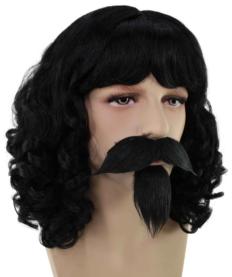 BC Muskateer | Men's Black Color Wavy Shoulder Length Muskateer Wig With Mustache And Goatee
