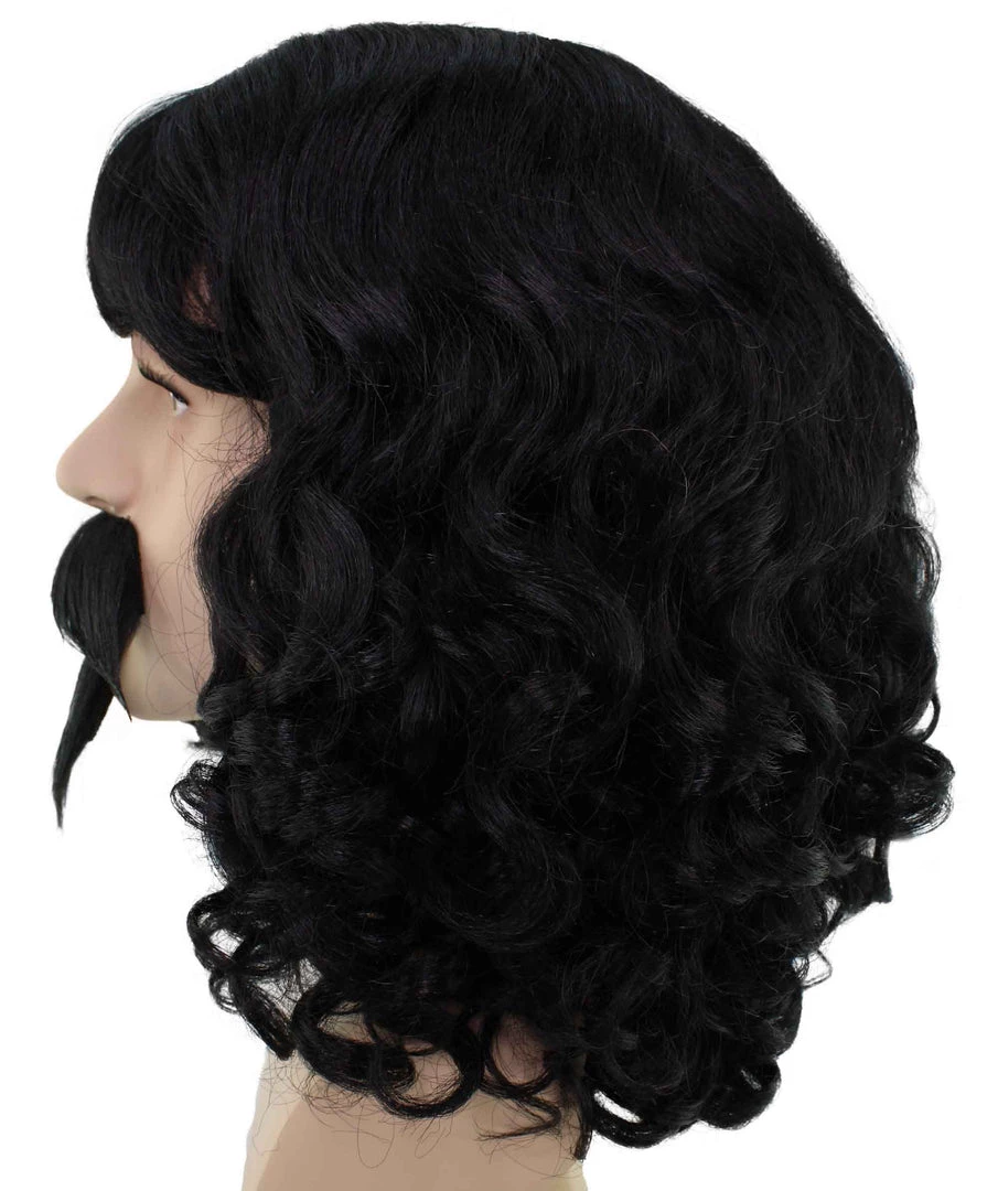 BC Muskateer | Men's Black Color Wavy Shoulder Length Muskateer Wig With Mustache And Goatee