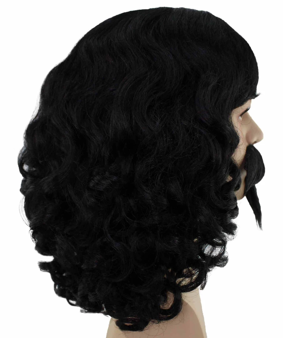 BC Muskateer | Men's Black Color Wavy Shoulder Length Muskateer Wig With Mustache And Goatee