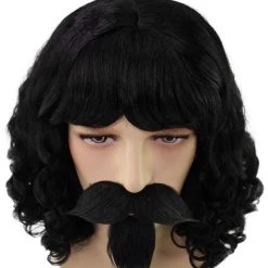 BC Muskateer | Men's Black Color Wavy Shoulder Length Muskateer Wig With Mustache And Goatee