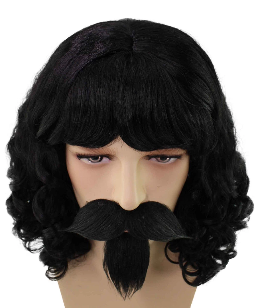 BC Muskateer | Men's Black Color Wavy Shoulder Length Muskateer Wig With Mustache And Goatee