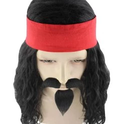 HPO Men's Long Black Mens Pirate Wig With Mustache & Chin Patch | Premium Breathable Capless Cap