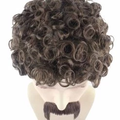 HPO 70's Mens Afro Wig & Mustache Set | Brown Retro Wig | Premium Breathable Capless Cap Men's