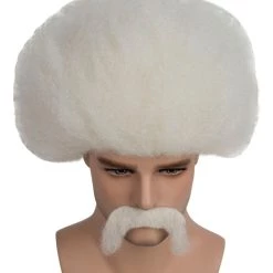 HPO Men's Mad Scientist Mens Wig & Mustache | Jumbo Cosplay Halloween Wig | Premium Breathable Capless Cap