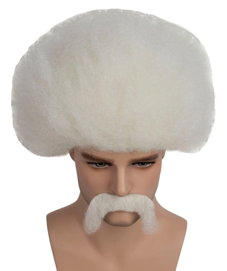 HPO Men's Mad Scientist Mens Wig & Mustache | Jumbo Cosplay Halloween Wig | Premium Breathable Capless Cap