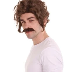 HPO Men's Men Brown Wig With Moustache Set | Cosplay Halloween Wig | Premium Breathable Capless Cap