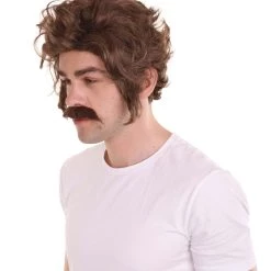 HPO Men's Men Brown Wig With Moustache Set | Cosplay Halloween Wig | Premium Breathable Capless Cap