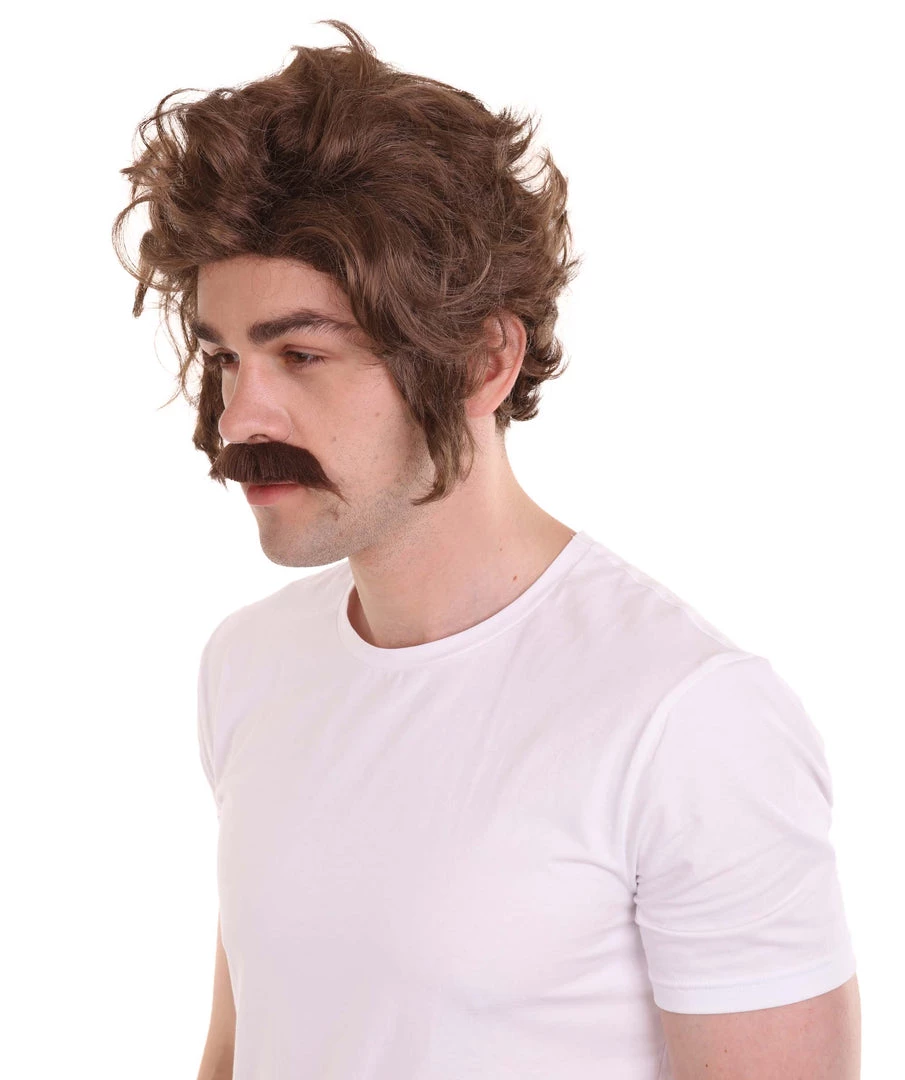 HPO Men's Men Brown Wig With Moustache Set | Cosplay Halloween Wig | Premium Breathable Capless Cap