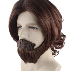 HPO Brown Curly Wavy Mens Wig & Beard Set | Cosplay Halloween Wig | Premium Breathable Capless Cap Men's