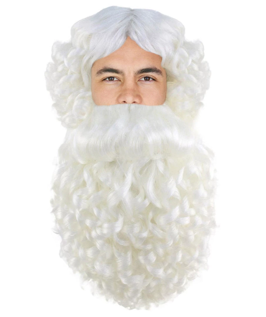 HPO Men's Professional Mens Santa Wig And Full Beard Set | White Merry Christmas Wig | Premium Breathable Capless Cap