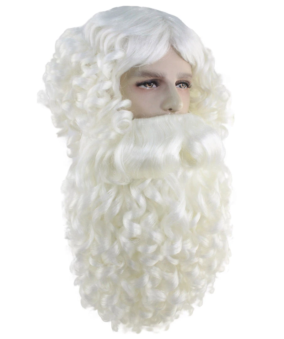 HPO Men's Professional Mens Santa Wig And Full Beard Set | White Merry Christmas Wig | Premium Breathable Capless Cap