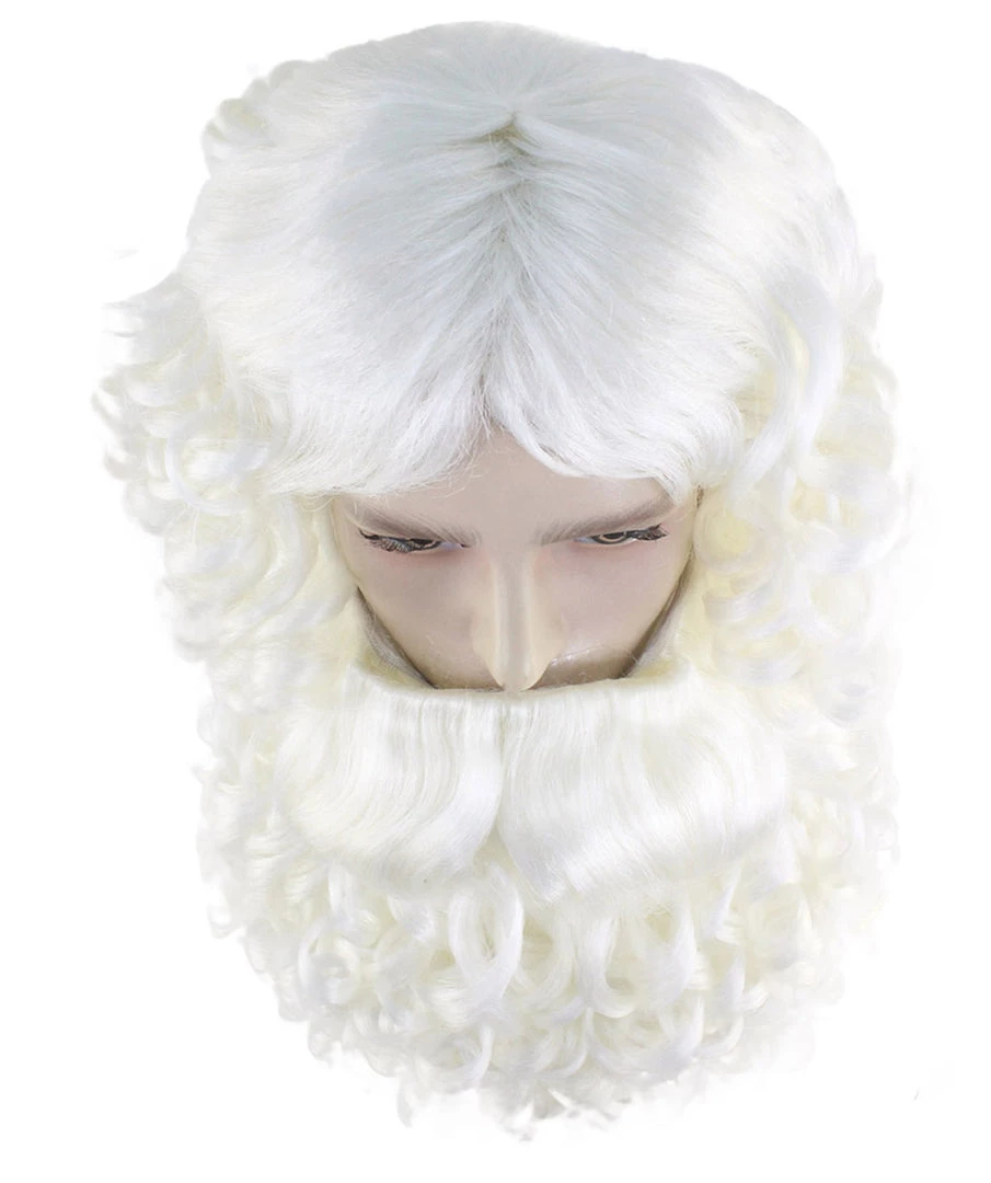 HPO Men's Professional Mens Santa Wig And Full Beard Set | White Merry Christmas Wig | Premium Breathable Capless Cap