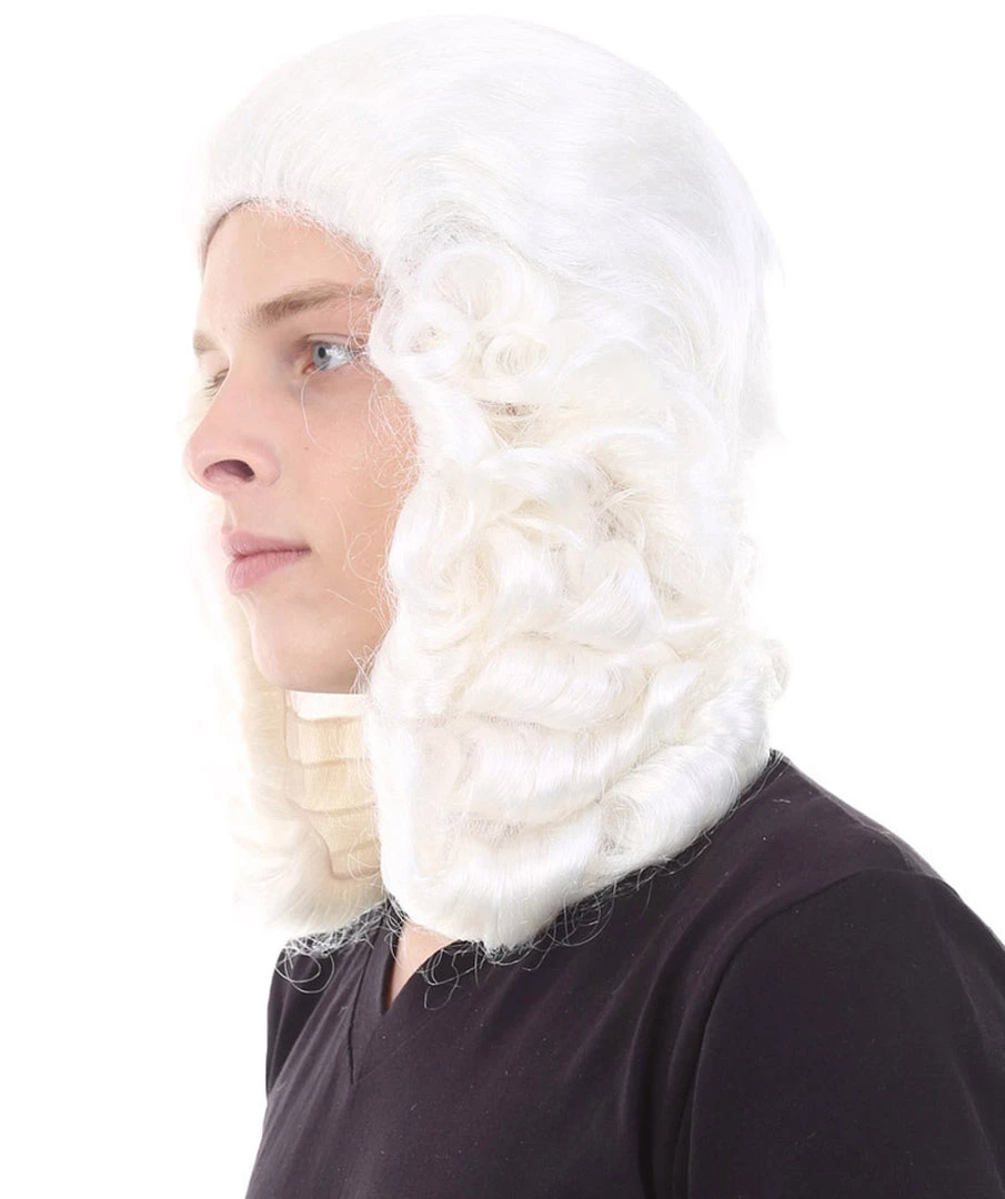 HPO Colonial Judge Mens White Wig | Cosplay Halloween Wig | Premium Breathable Capless Cap