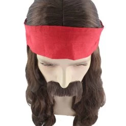 HPO Mens Pirate Wig And Moustache | Brown Long Wig | Premium Breathable Capless Cap Men's