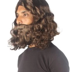 HPO Mens Biblical Wig And Beard Set Brown | Premium Breathable Capless Cap