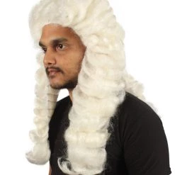 HPO Men Colonial Judge Curly Long White Wig | Premium Breathable Capless Cap