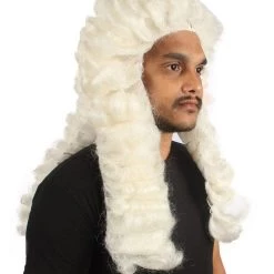 HPO Men Colonial Judge Curly Long White Wig | Premium Breathable Capless Cap