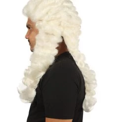 HPO Men Colonial Judge Curly Long White Wig | Premium Breathable Capless Cap