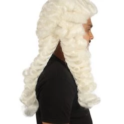 HPO Men Colonial Judge Curly Long White Wig | Premium Breathable Capless Cap
