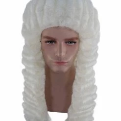 HPO Men Colonial Judge Curly Long White Wig | Premium Breathable Capless Cap
