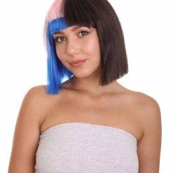 HPO Men's Adult Womens Bob Wig | Black, Pink, & Blue Celebrity Wig | Premium Breathable Capless Cap