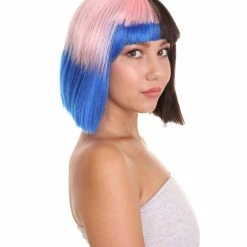 HPO Men's Adult Womens Bob Wig | Black, Pink, & Blue Celebrity Wig | Premium Breathable Capless Cap