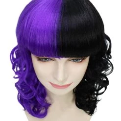 HPO Men's Adult Womens Medium Length Curly Wig Purple & Black | Fancy Event Ready Halloween Wig | Premium Breathable Capless Cap