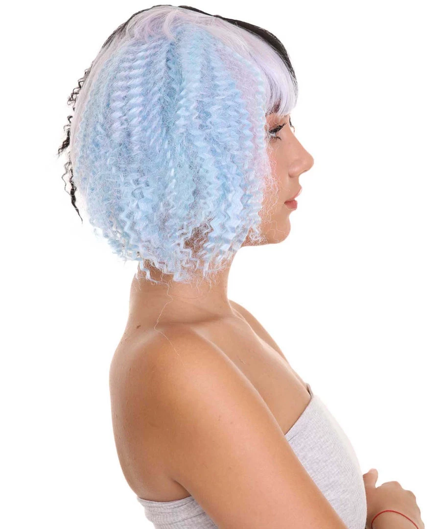 HPO Adult Womens Crimped Ponytail Wig | Light Blue & Black Celebrity Wig | Premium Breathable Capless Cap Men's