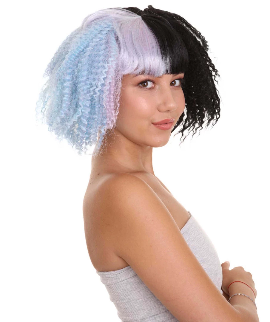 HPO Adult Womens Crimped Ponytail Wig | Light Blue & Black Celebrity Wig | Premium Breathable Capless Cap Men's