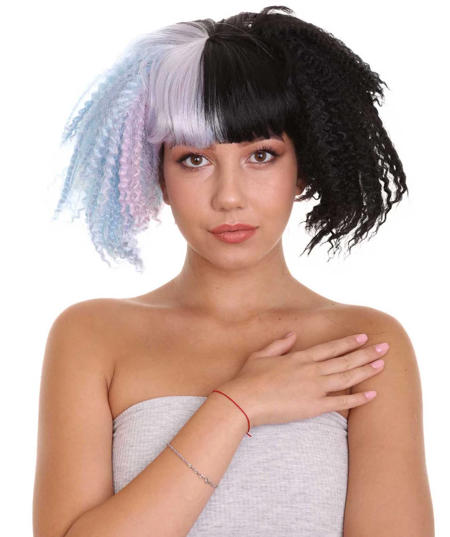HPO Adult Womens Crimped Ponytail Wig | Light Blue & Black Celebrity Wig | Premium Breathable Capless Cap Men's