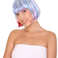 HPO Patriotic Womens Bob Wig | National Pride White Red Blue Wig | Premium Breathable Capless Cap Women's