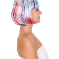 HPO Patriotic Womens Bob Wig | National Pride White Red Blue Wig | Premium Breathable Capless Cap Women's