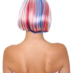 HPO Patriotic Womens Bob Wig | National Pride White Red Blue Wig | Premium Breathable Capless Cap Women's