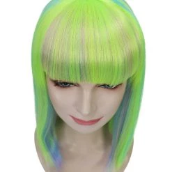 HPO Womens Bob Wig | Medium Green Yellow Party Ready Fancy Cosplay Halloween Wig | Premium Breathable Capless Cap Women's