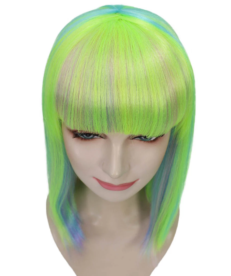 HPO Womens Bob Wig | Medium Green Yellow Party Ready Fancy Cosplay Halloween Wig | Premium Breathable Capless Cap Women's