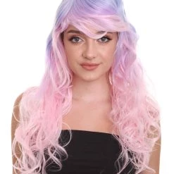 HPO Men's Long Wavy Blue And White Ombre Womens Wig | Fancy Party Event Ready Halloween Wig | Premium Breathable Capless Cap