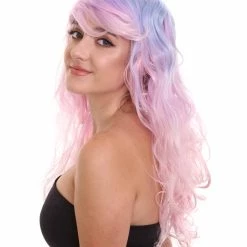 HPO Men's Long Wavy Blue And White Ombre Womens Wig | Fancy Party Event Ready Halloween Wig | Premium Breathable Capless Cap