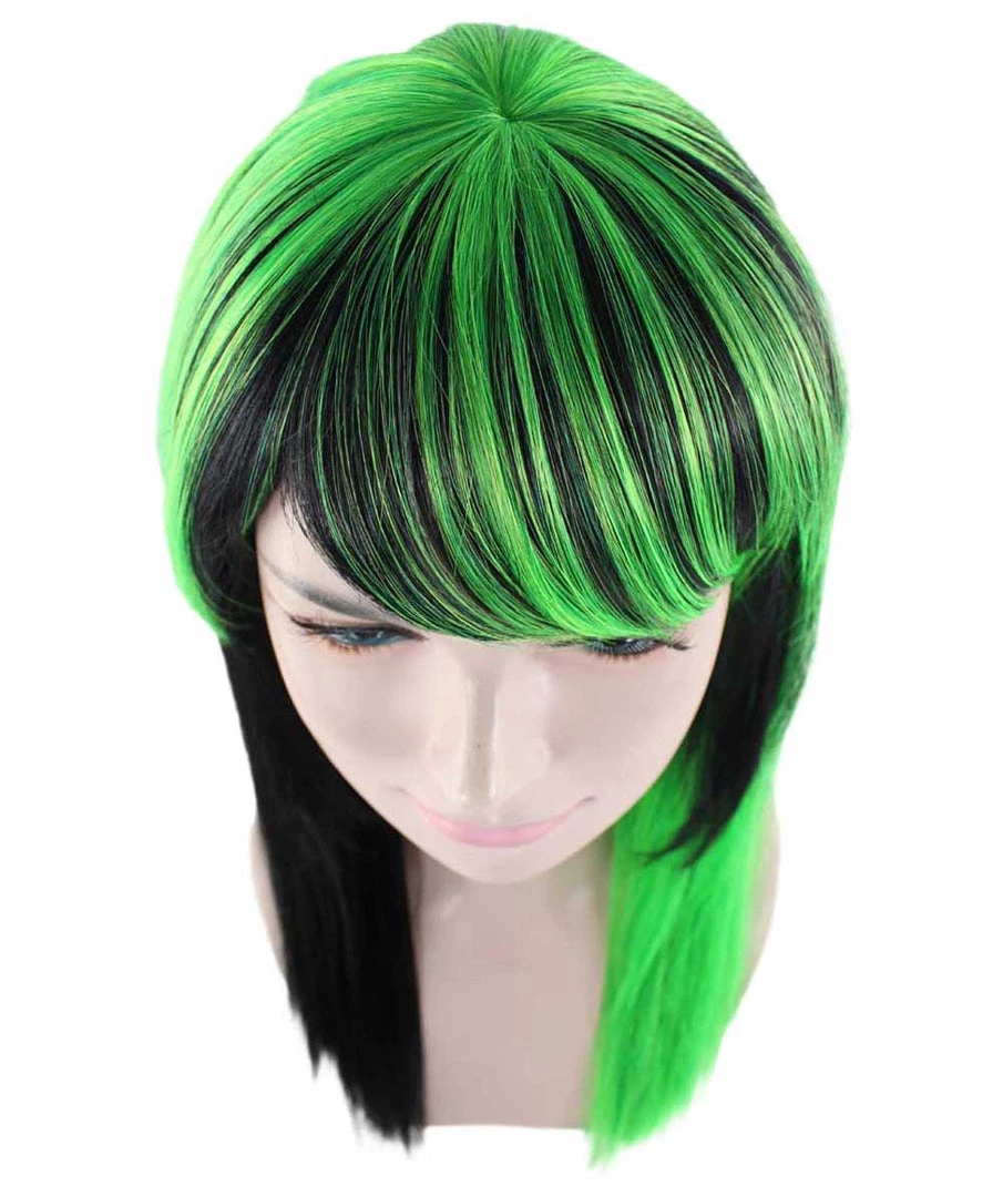 HPO Hard Rockin Witch Black Green Womens Wig | Gothic Fancy Halloween Wig | Premium Breathable Capless Cap Women's